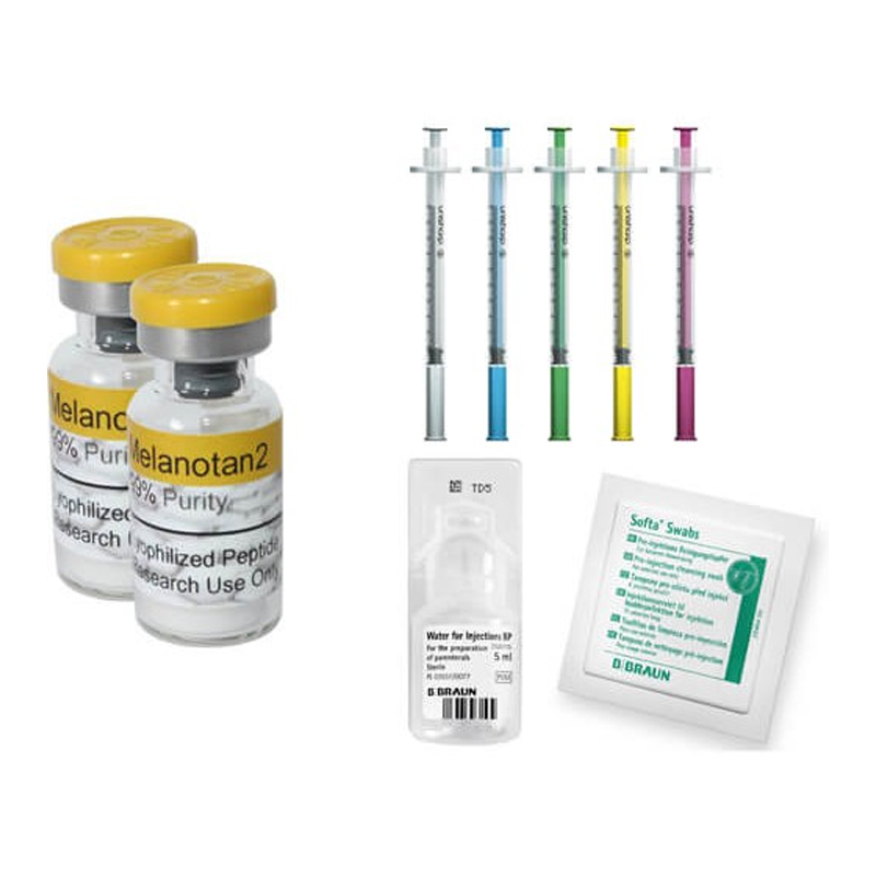 Mel2 20mg Starter Kit (2 Vials Of Melanotan 2, 2 Vials Of Sterile Water. 22 Syringes, 22 Sterile Wipes)