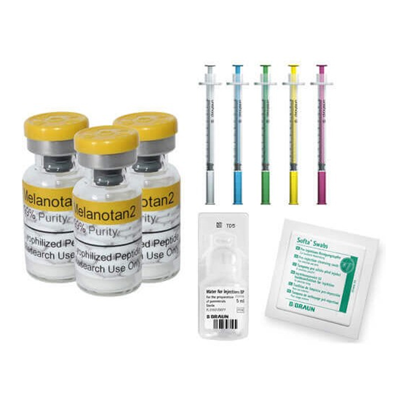 Mel2 30mg Starter Kit (3 10mg Vials Of Melanotan 2 (3 Vials Of Water, 33  Syringes, 33 Swabs)